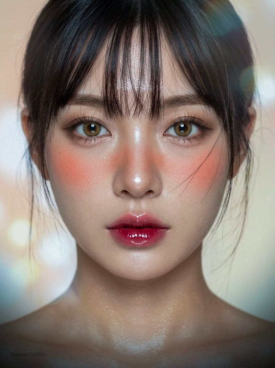 Beauty close up editorial, vertical, head and shoulders, lit