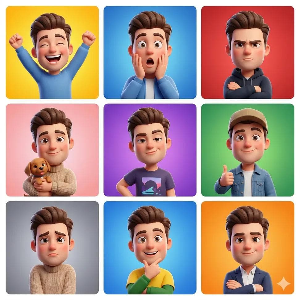 3D cartoon avatar character showing different emotions arran