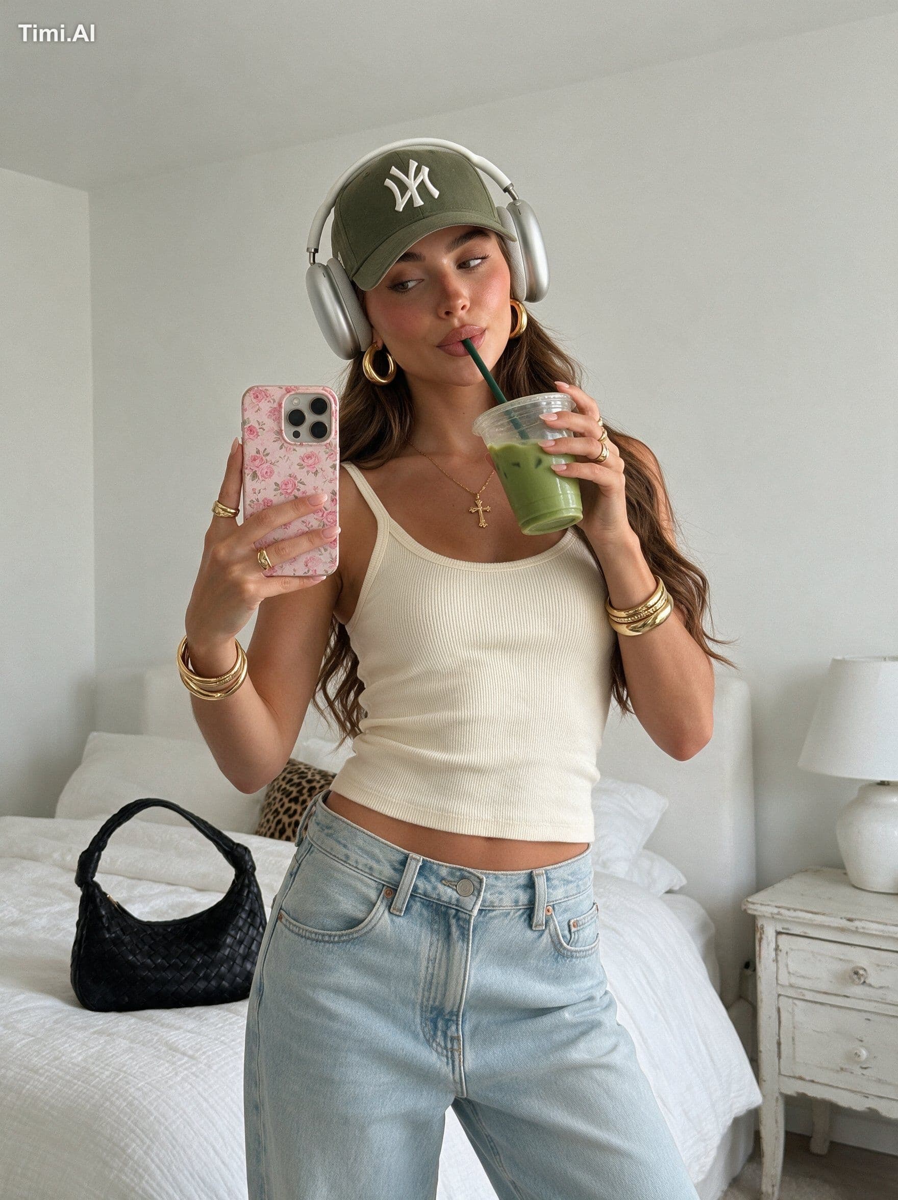 Subject & Pose:
Young woman taking a mirror selfie in a bedr