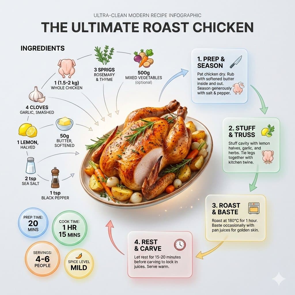 Ultra-clean modern recipe infographic. Showcase Roast chicke