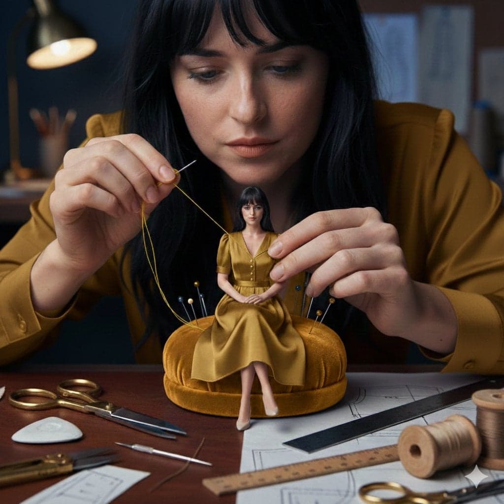 A cinematic fashion studio scene of a woman hand-sewing a mi
