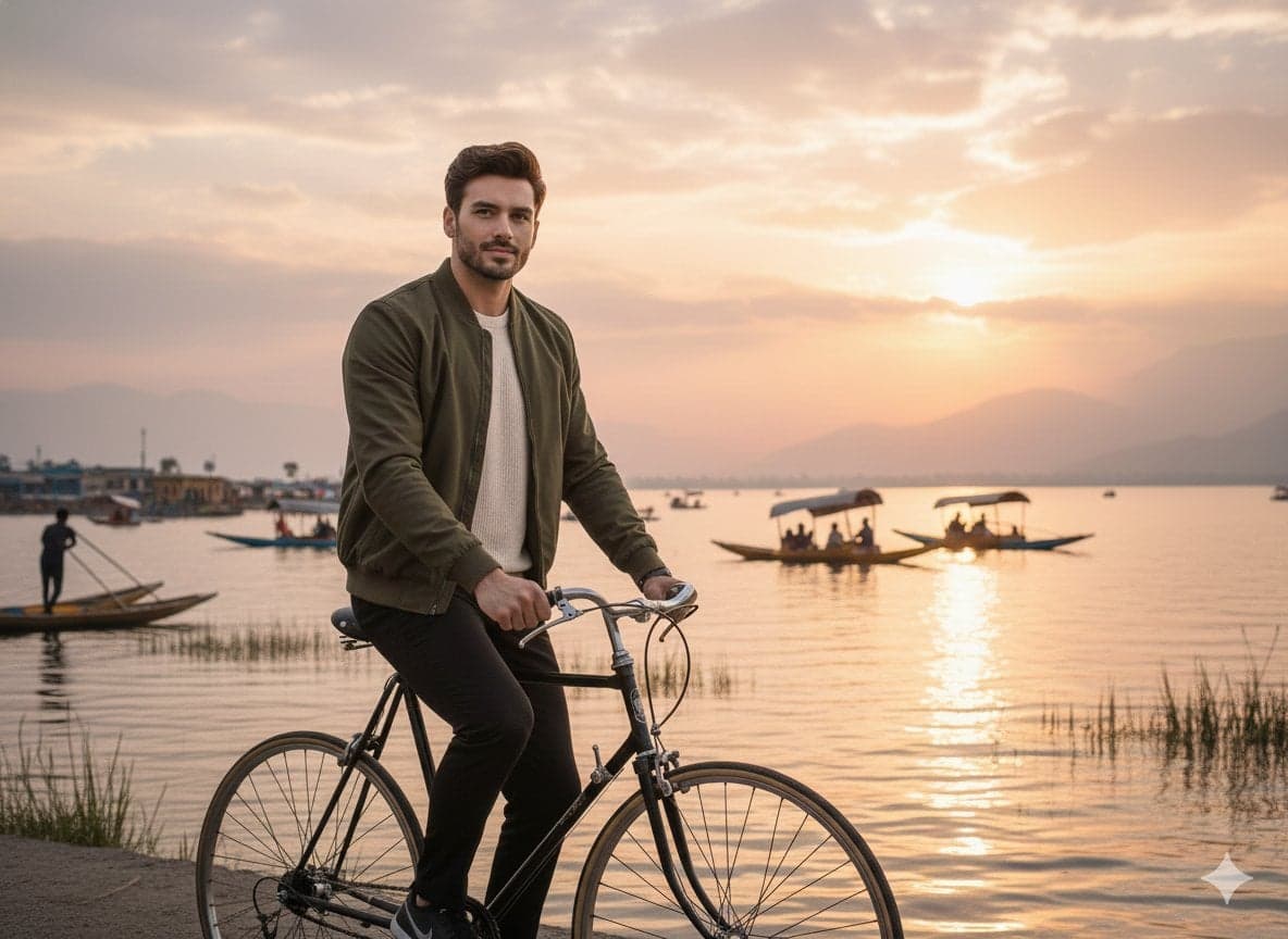 A realistic cinematic photograph of a handsome man riding a