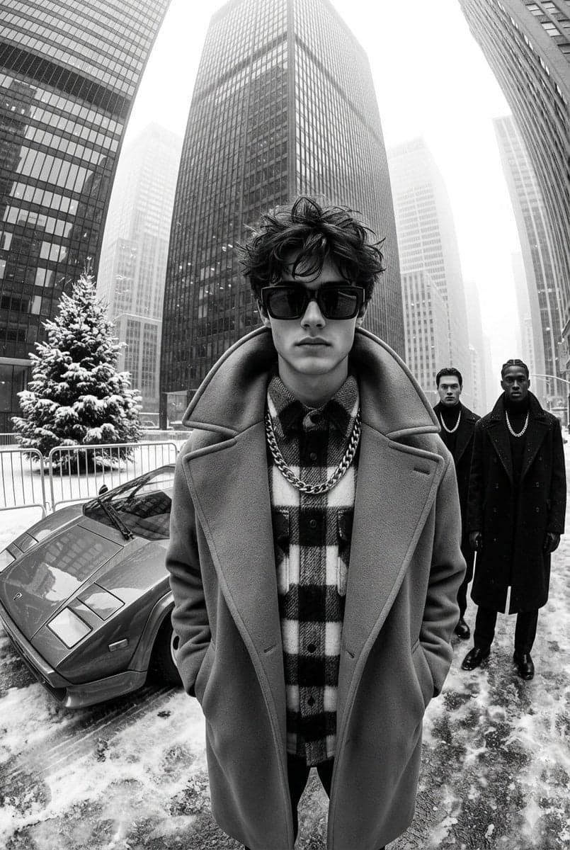 A black-and-white, high-contrast, ultra-glamorous street fas