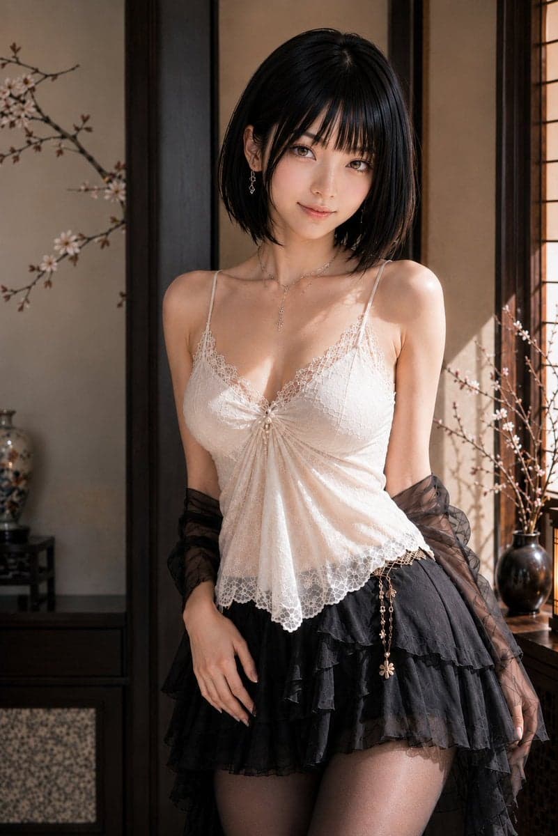 主題:
障子の午後
人物・表情:
20代女性。明るいアイボリーベージュ寄りの白肌で、ほんのりピンクの血色を含んだなめら