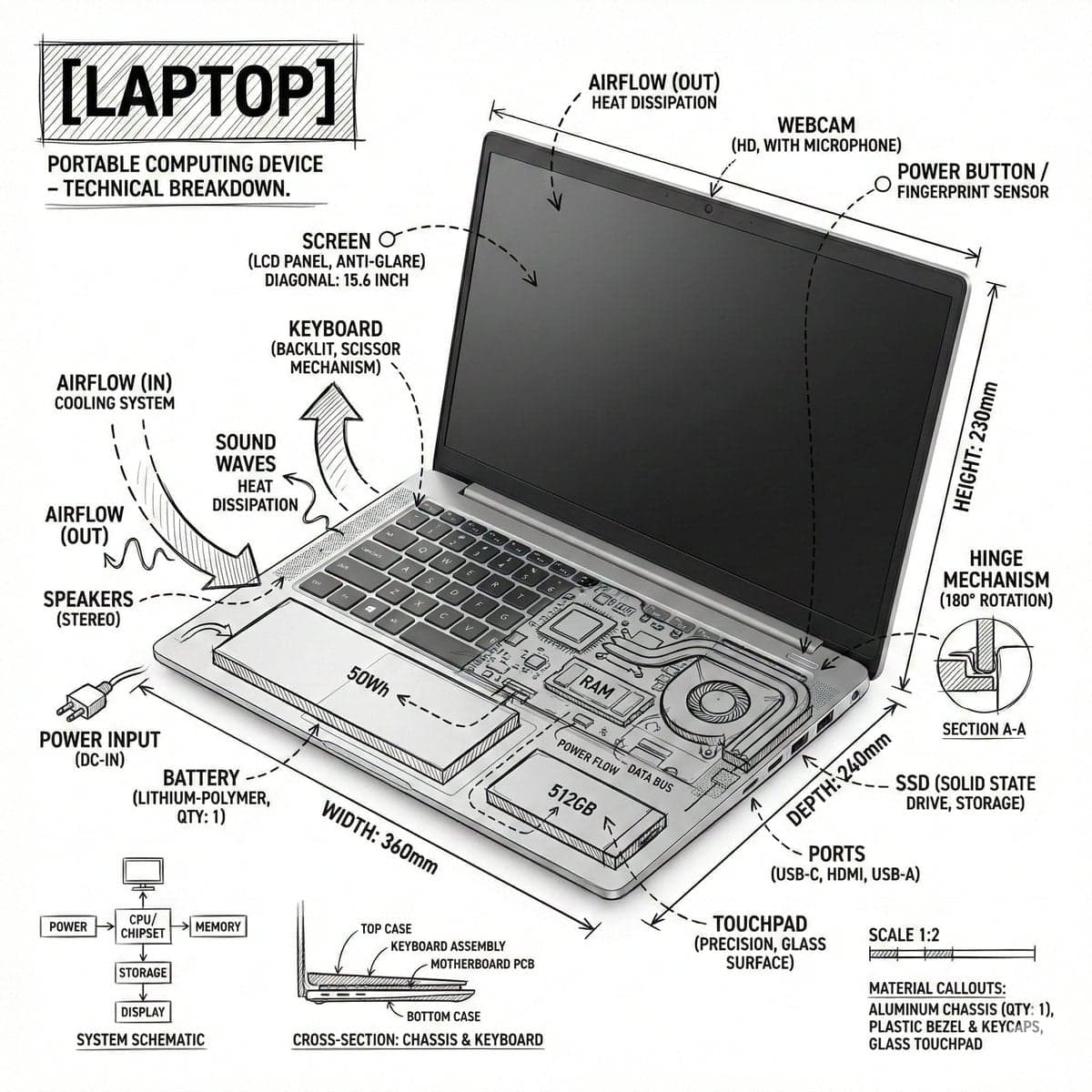 Create an infographic image of laptop ,combining a realistic