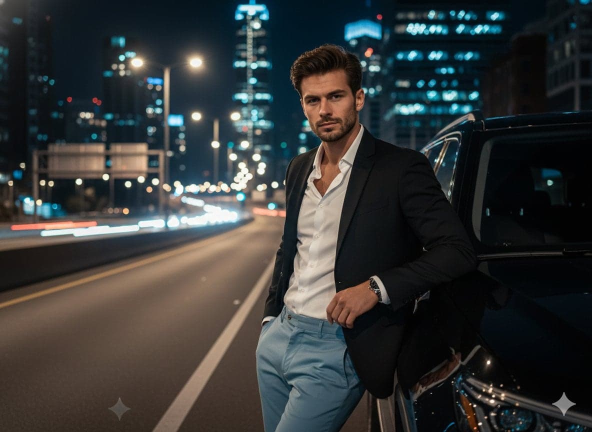 A cinematic night-time urban portrait of a confident, handso