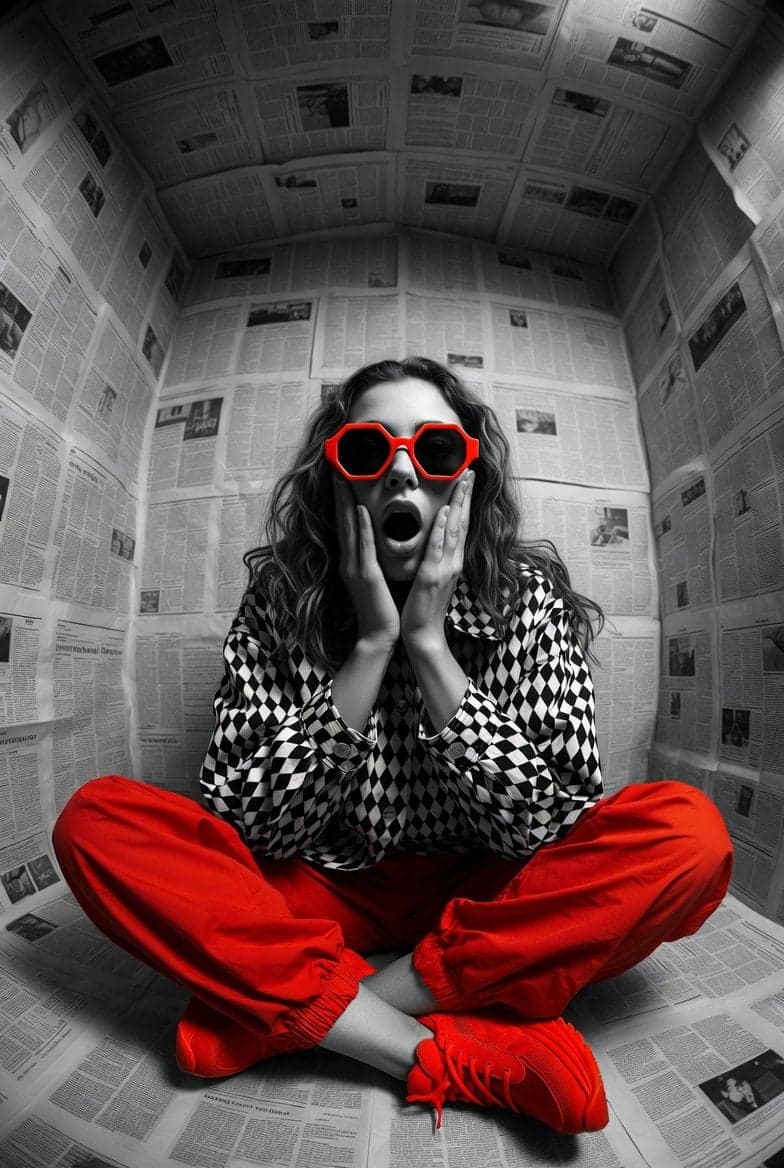 Hyper-realistic editorial photo shot at eye level with a 12m