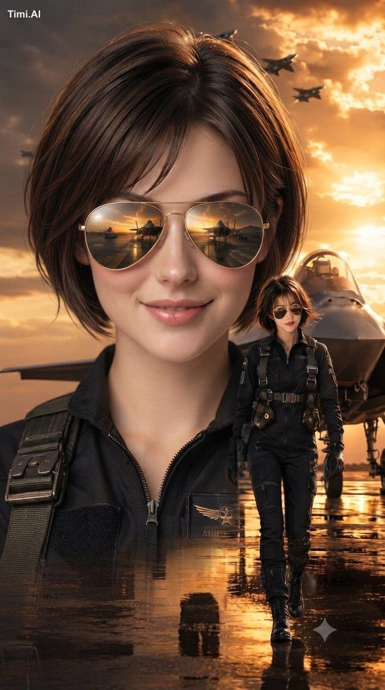 A cinematic composite portrait featuring a female fighter pi