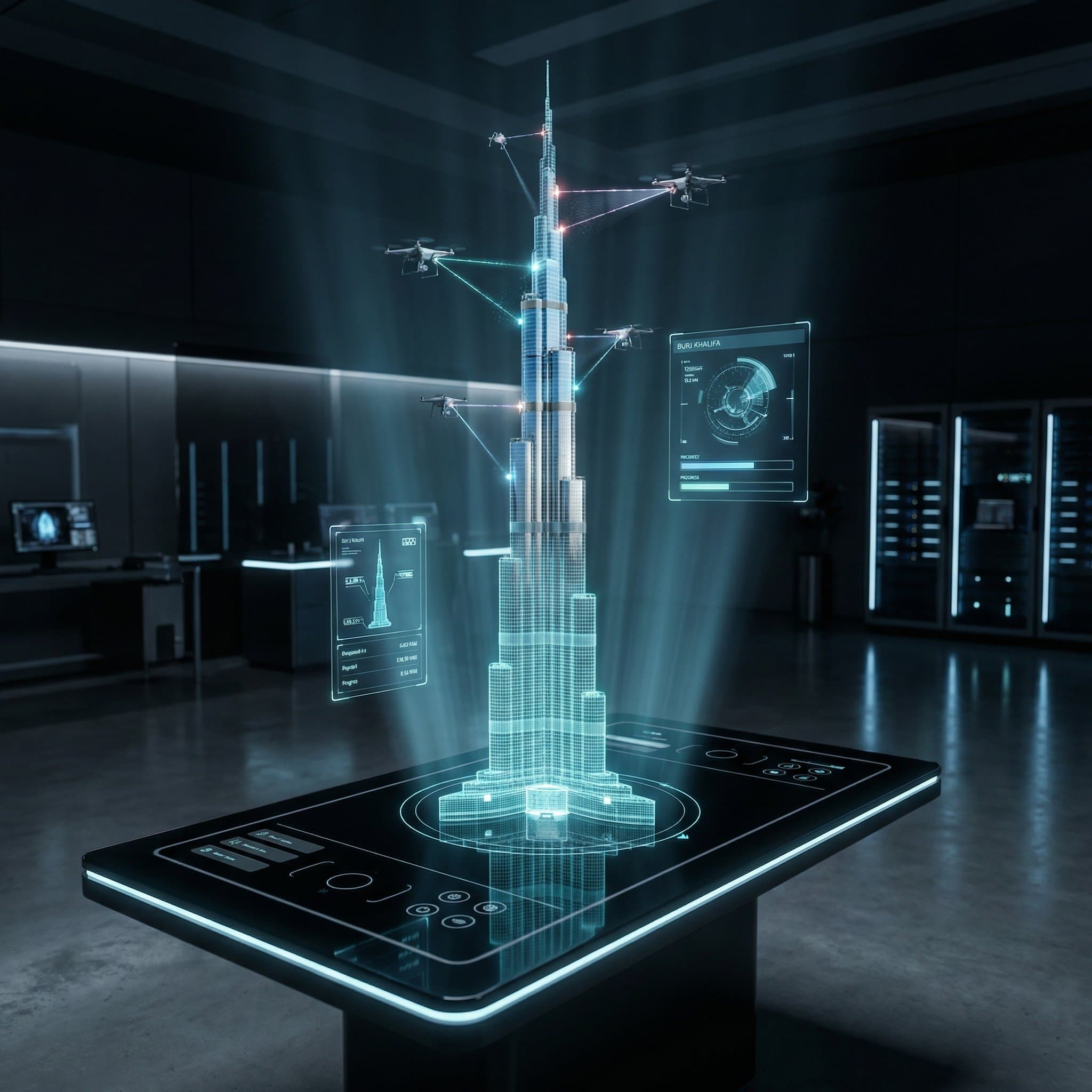 CONCEPT:
A futuristic architectural blueprint of the Burj Kh