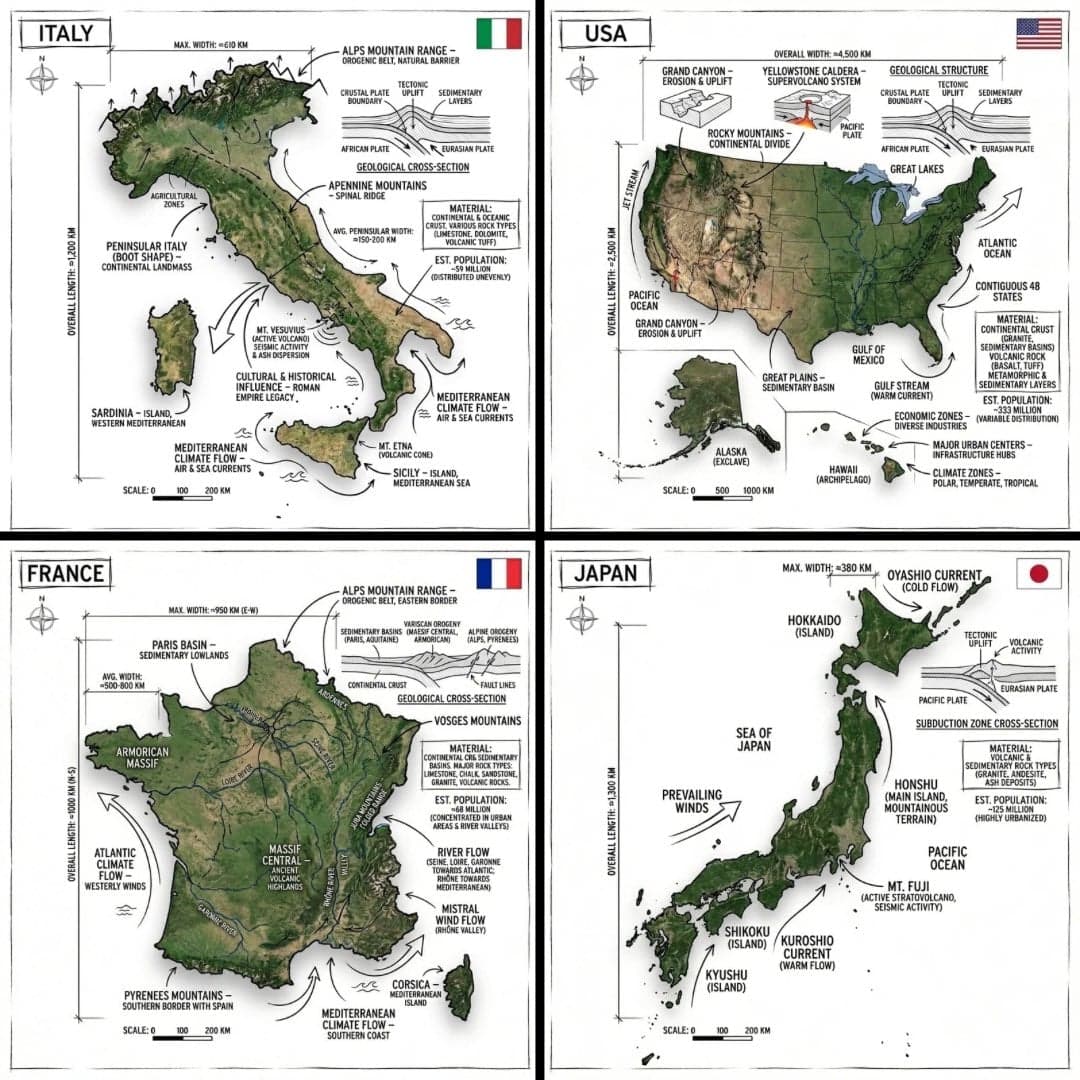 Create an infographic image of [COUNTRY], combining a realis