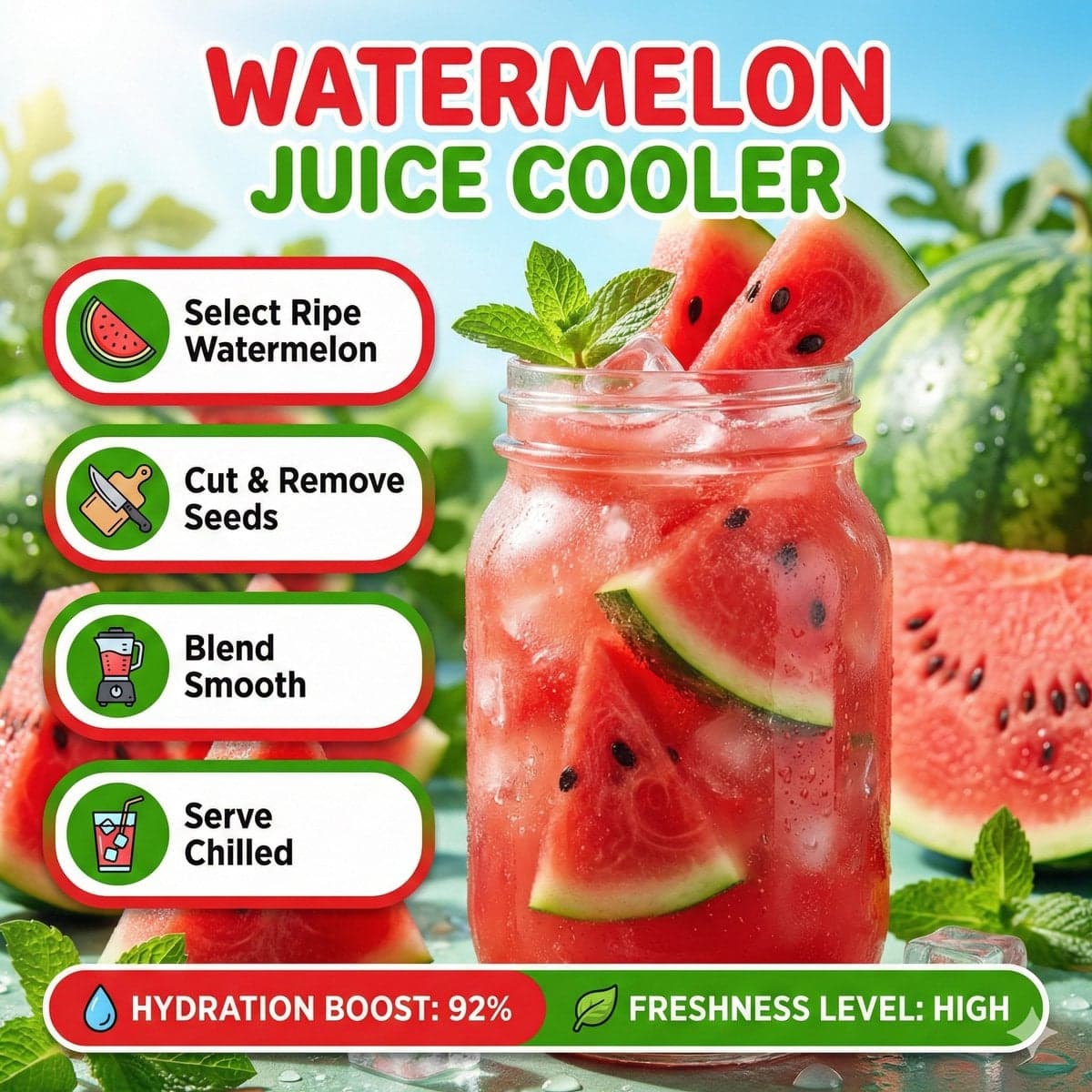 Bright summer infographic showcasing watermelon juice, icy t