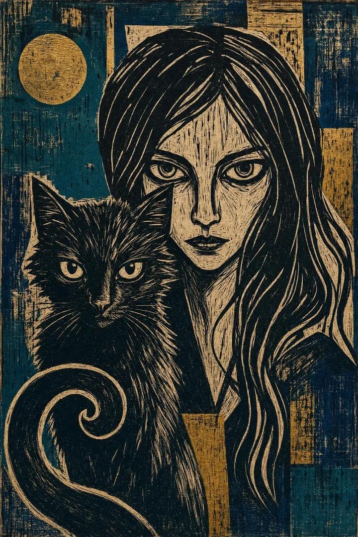 A dramatic Expressionist linocut print on raw, ink-textured 
