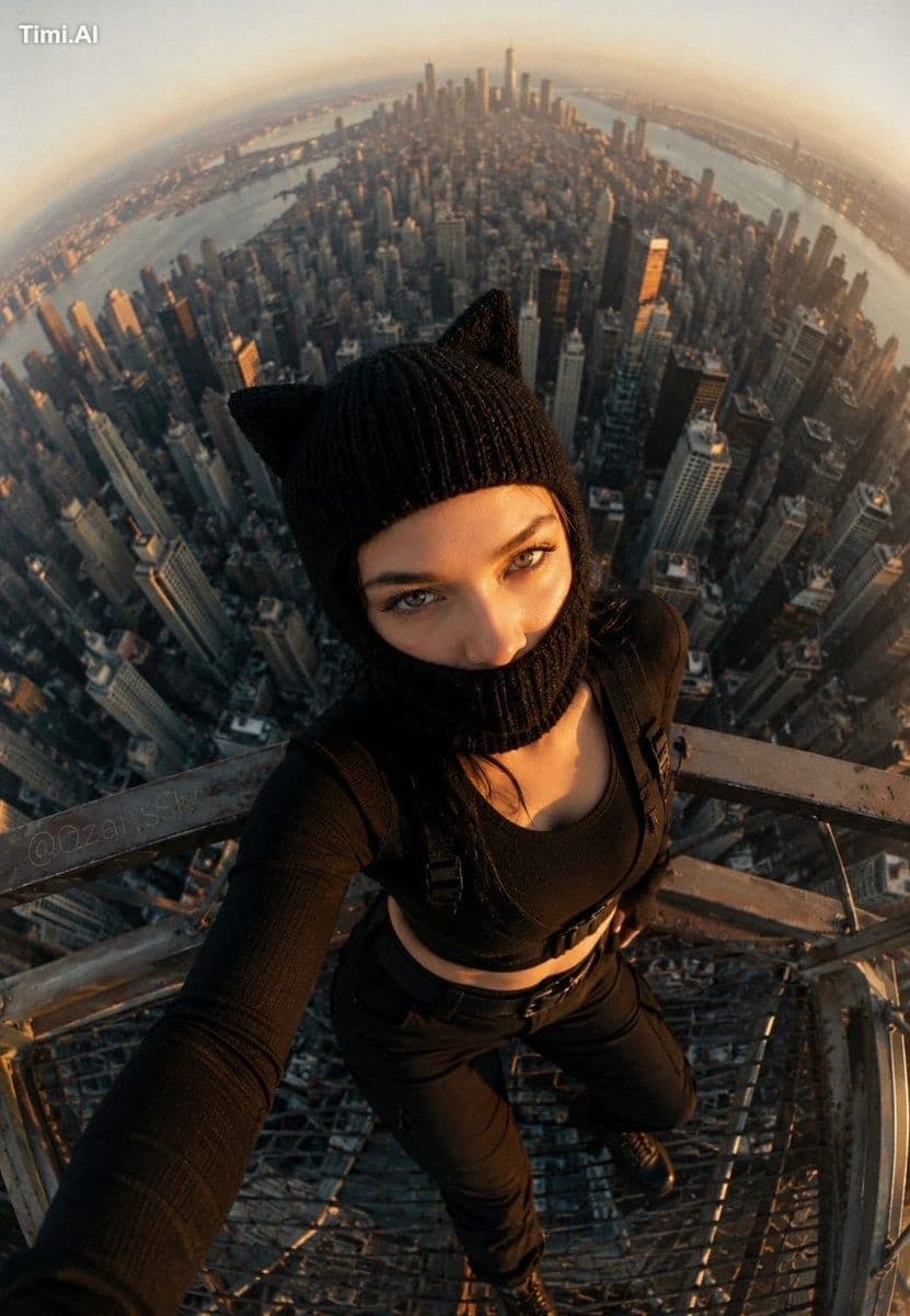 A fictional young woman in a black knit cat-ear balaclava an