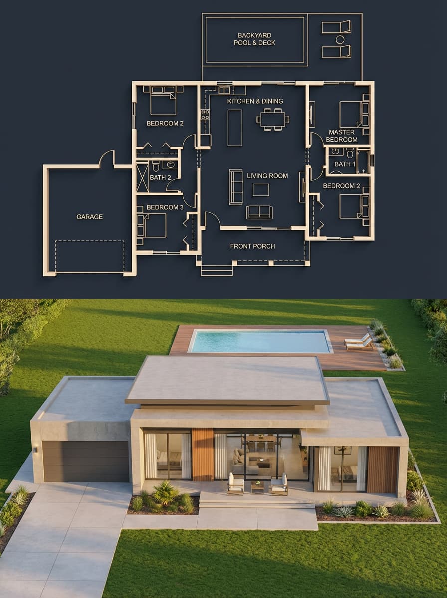 { "objective": "Create a split architectural visualization w