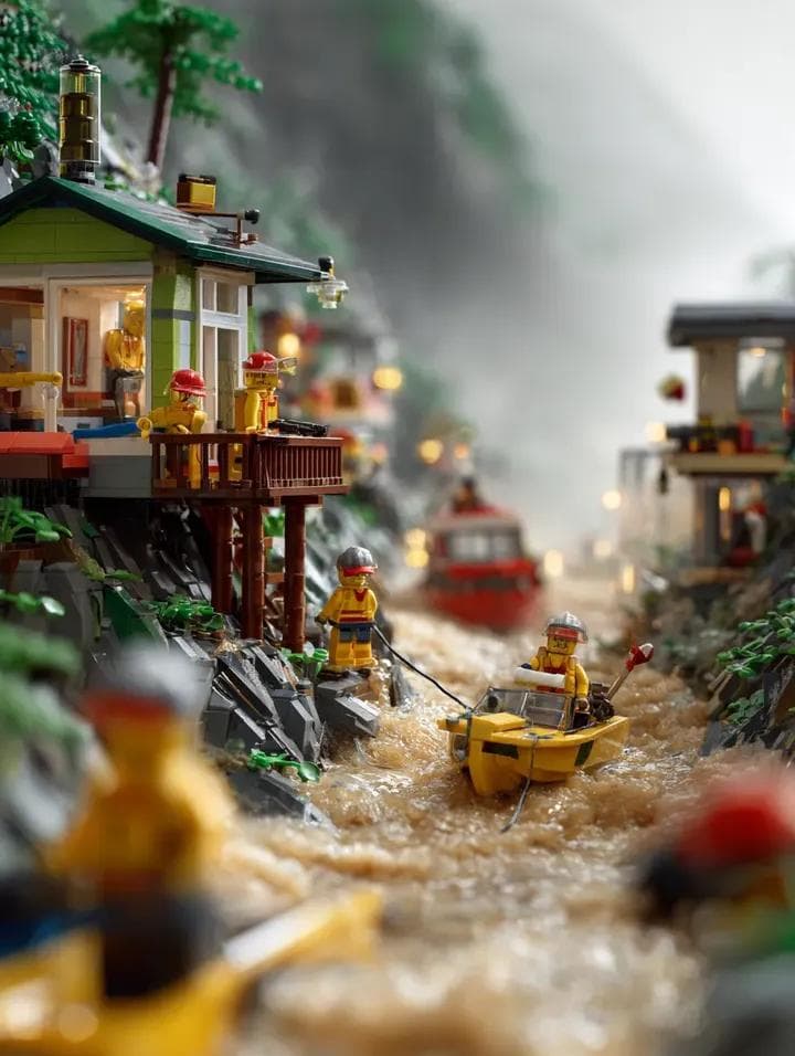 LEGO mountain flood rescue scene, torrential rain causing ri