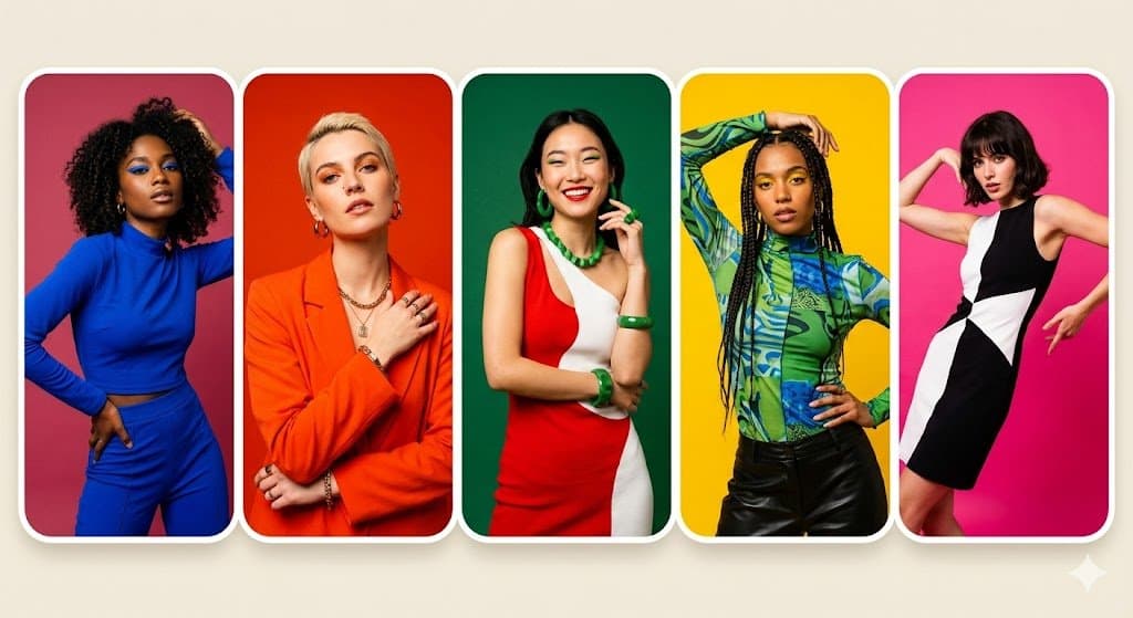 5 panel colorful portrait collage, fashion models, monochrom