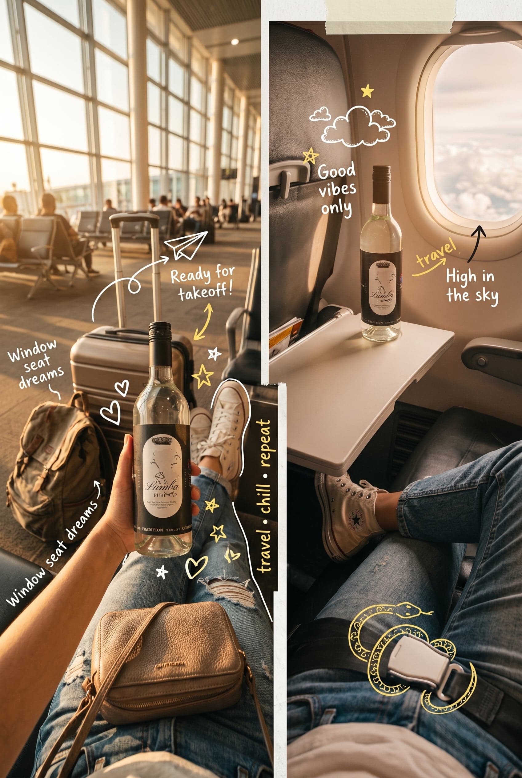POV travel photography of a person sitting at an airport and