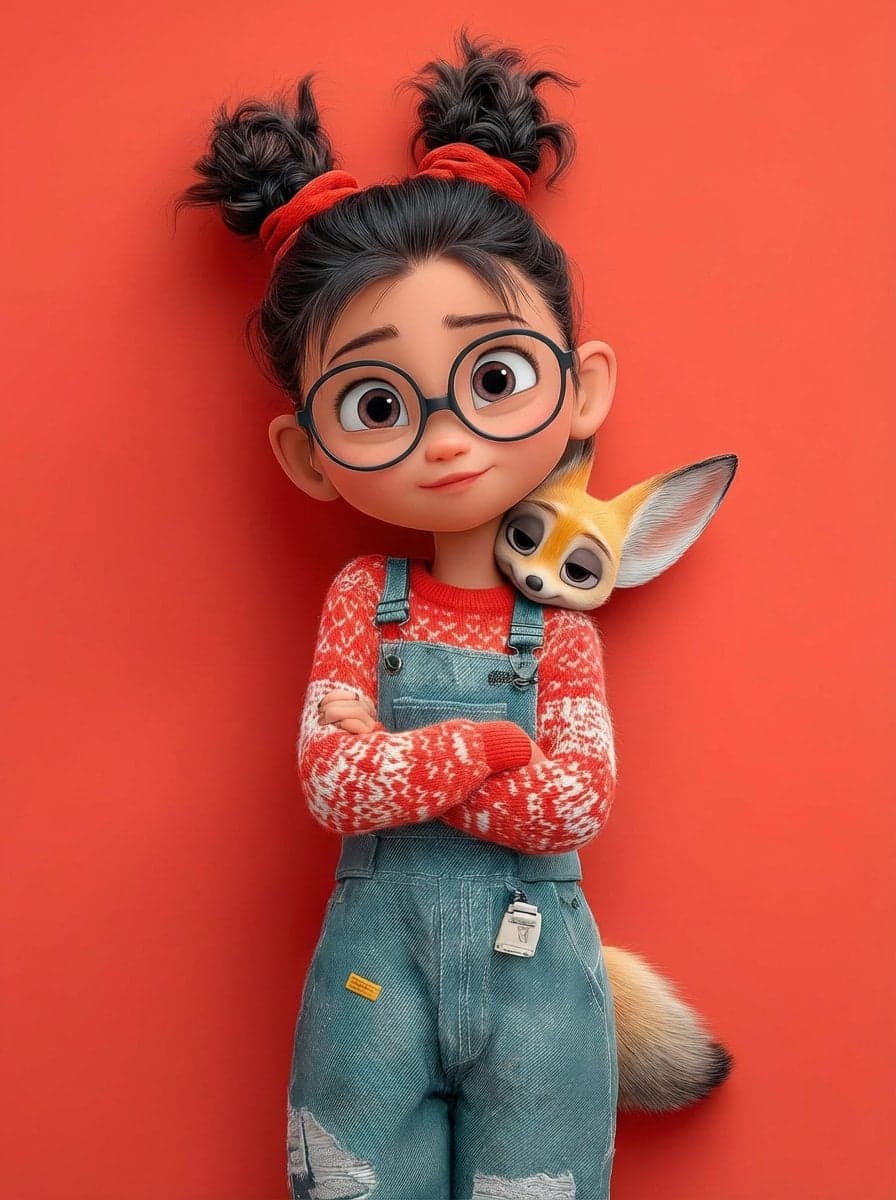 A cute 3D Pixar-style character portrait of a little girl wi