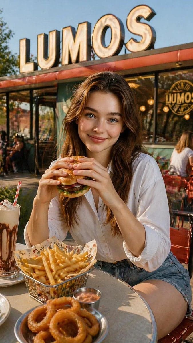 A beautiful young woman with flowing brown hair is sitting a