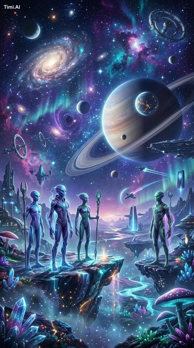 The aliens have elegant humanoid forms with smooth biolumine