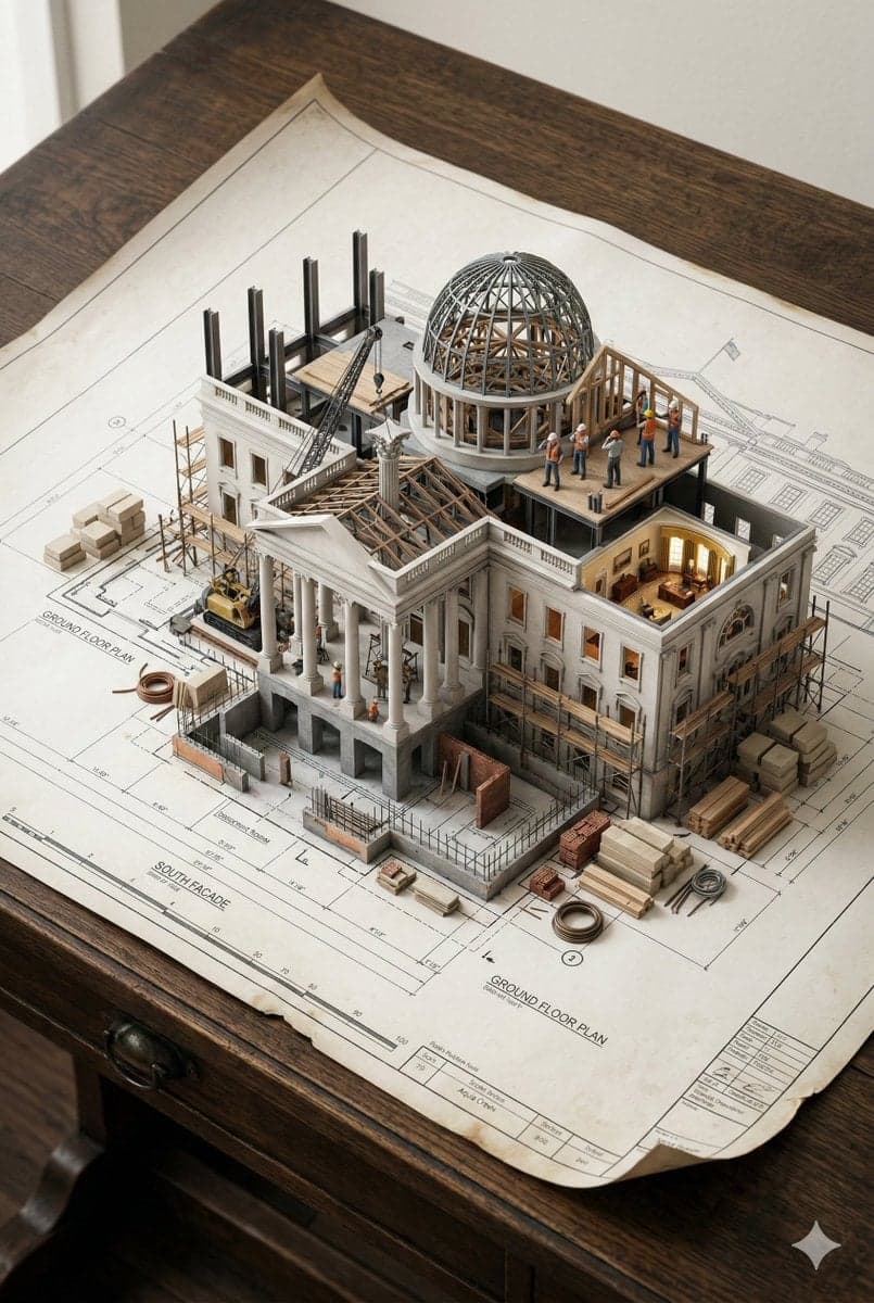 An architectural blueprint of [BUILDING_NAME] placed on a {S
