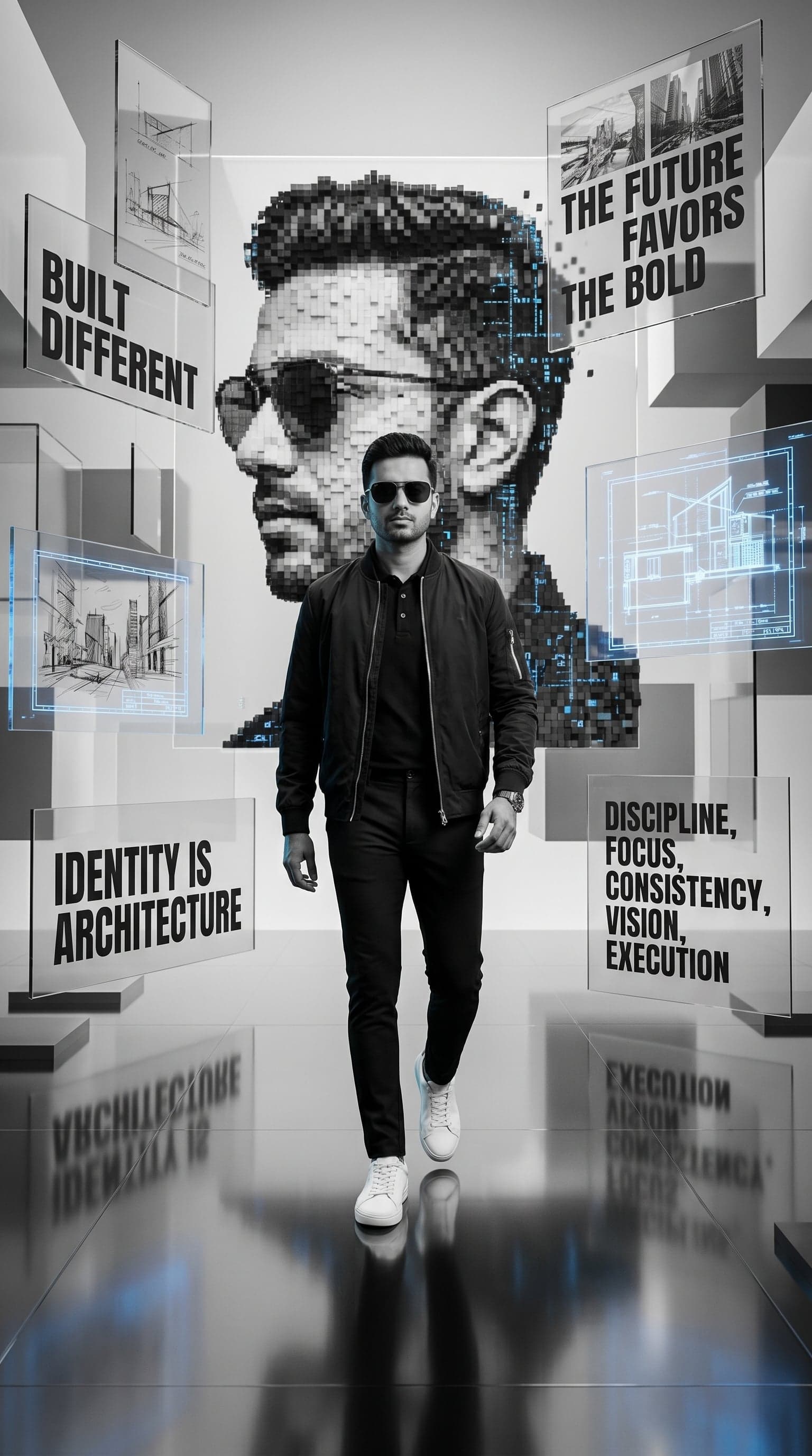 A futuristic monochrome motivational digital artwork featuri