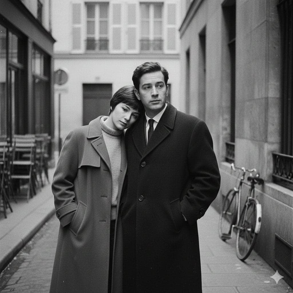 A French New Wave–style minimalist lovers scene, black and w