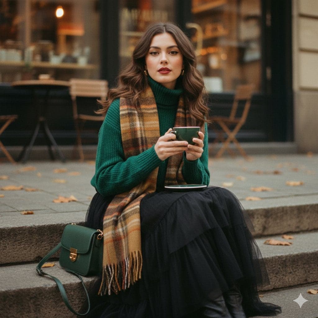 A cinematic 1970s-inspired fashion portrait of a young woman