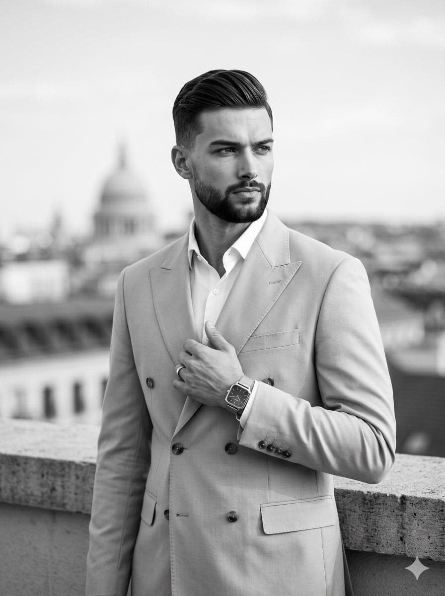 An adult male with a meticulously groomed beard stands posit
