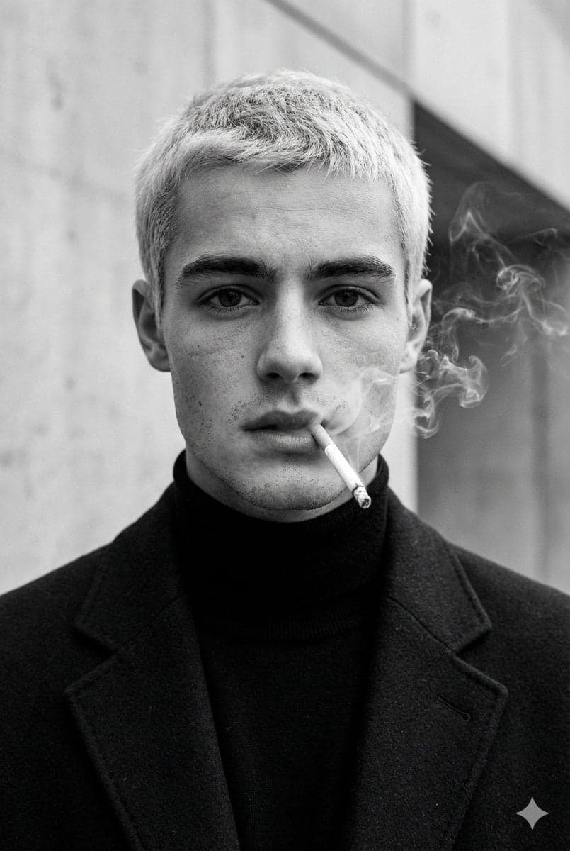 Ultra-realistic fashion black and white portrait of a man wi