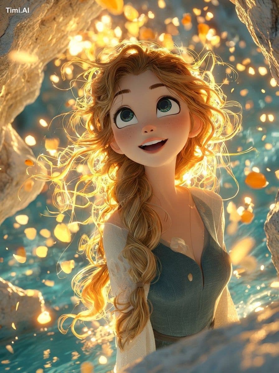 A dreamy, cinematic 3D animated girl with big expressive eye