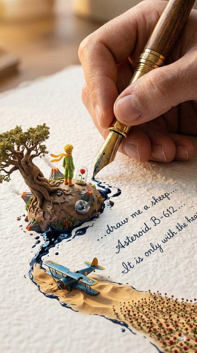 A colossal hand gripping an enormous vintage fountain pen, c