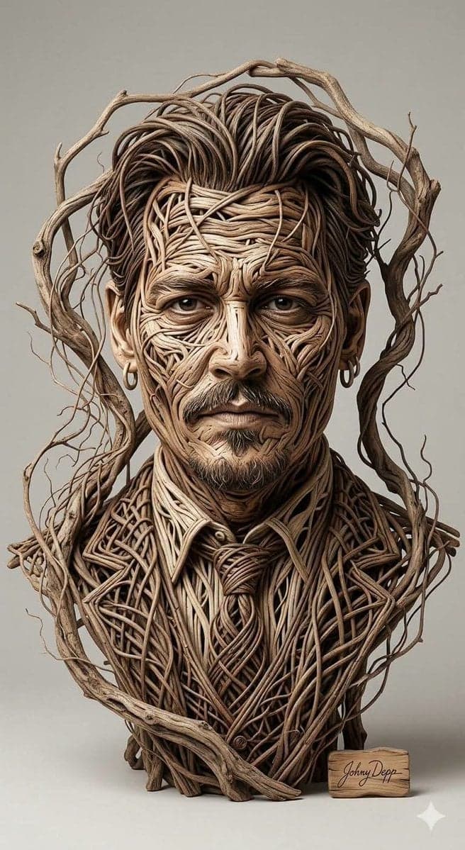 Organic sculptural portrait art made entirely from intertwin
