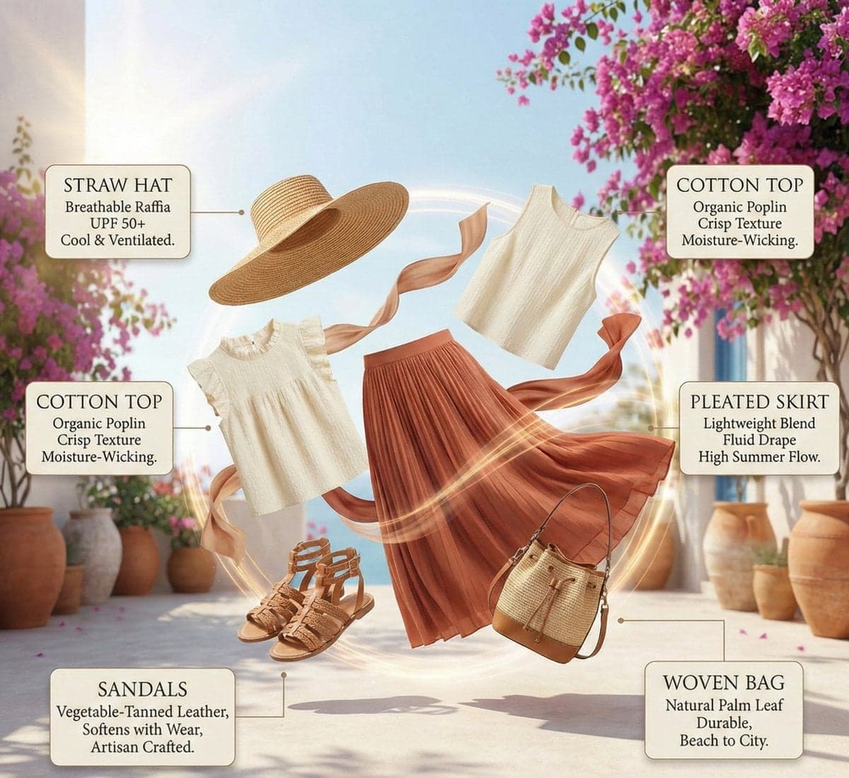 High-fashion summer outfit infographic with color-coordinate