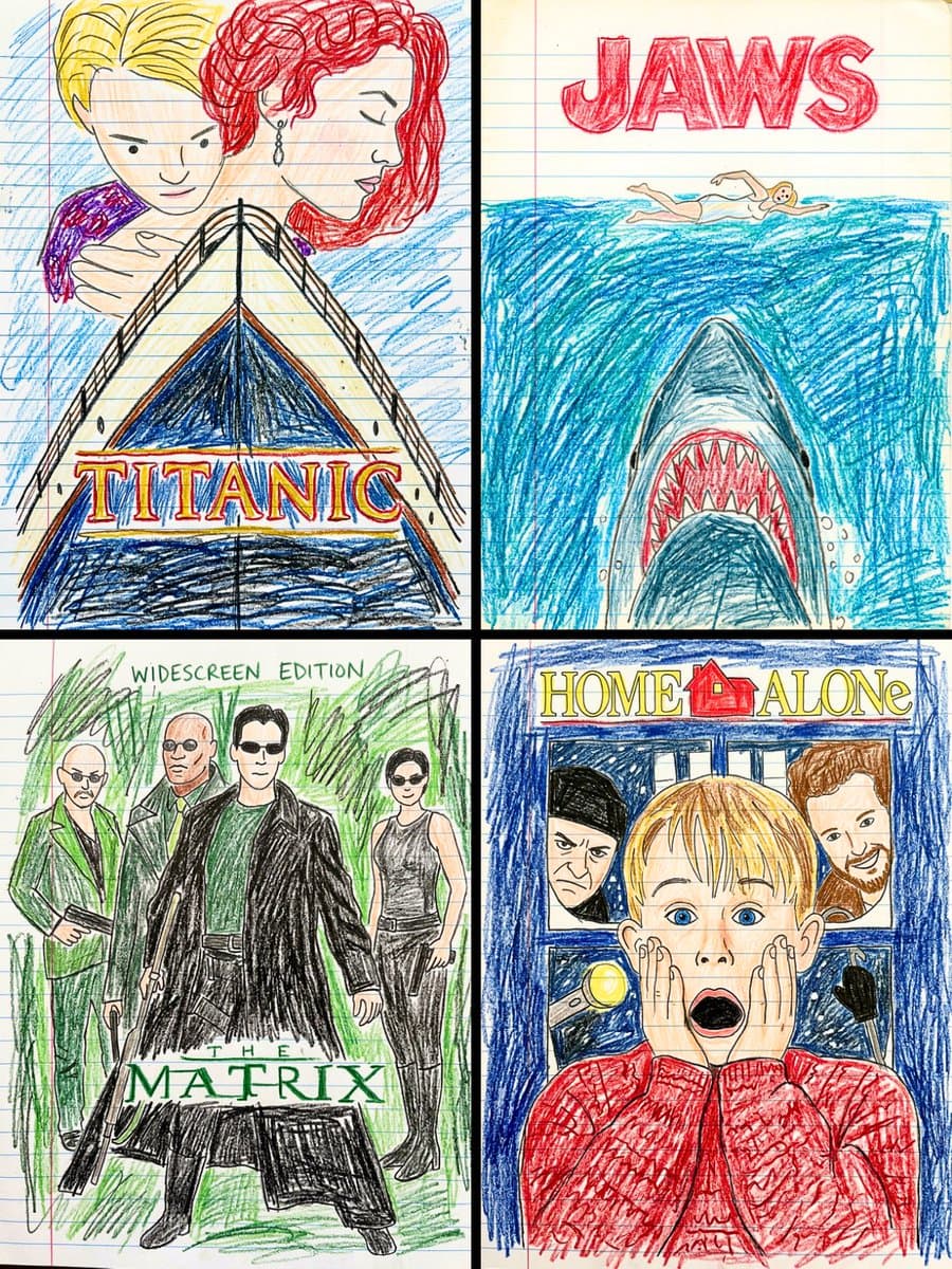 Transform this movie poster into a child’s crayon drawing on