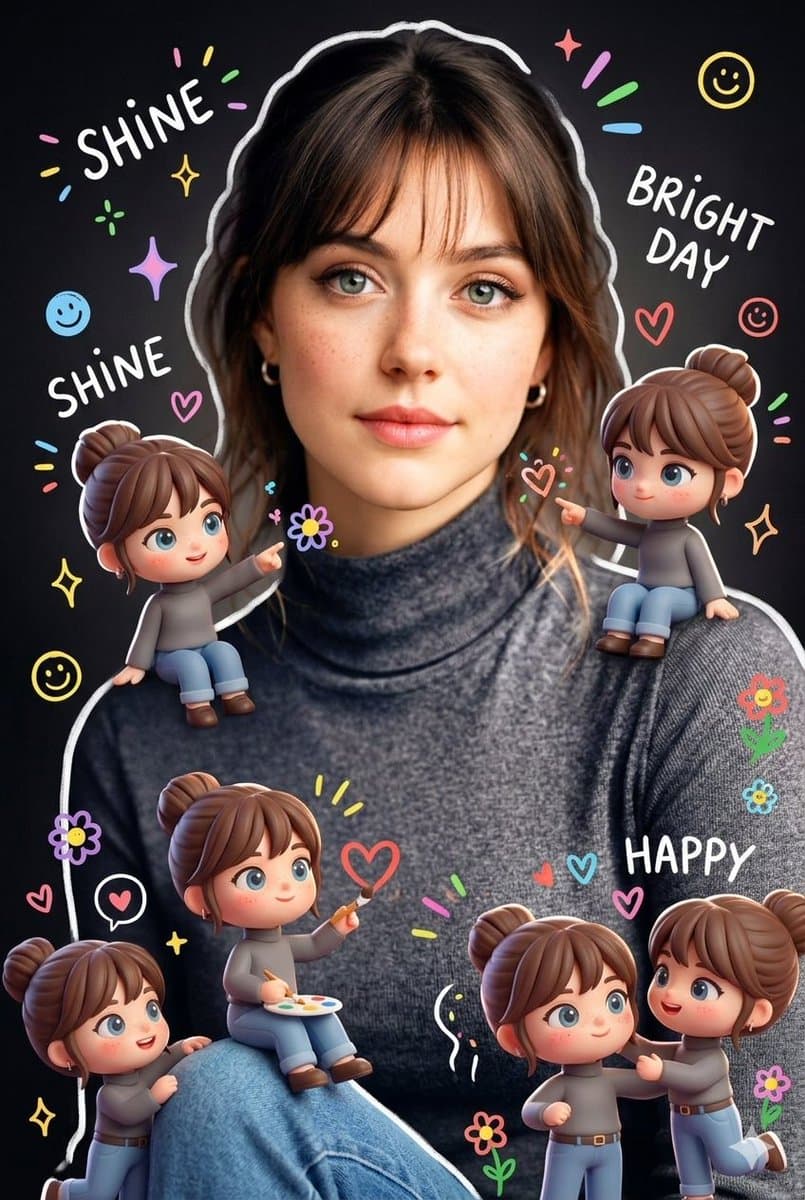 Surrounding the realistic main subject are multiple cute, 3D