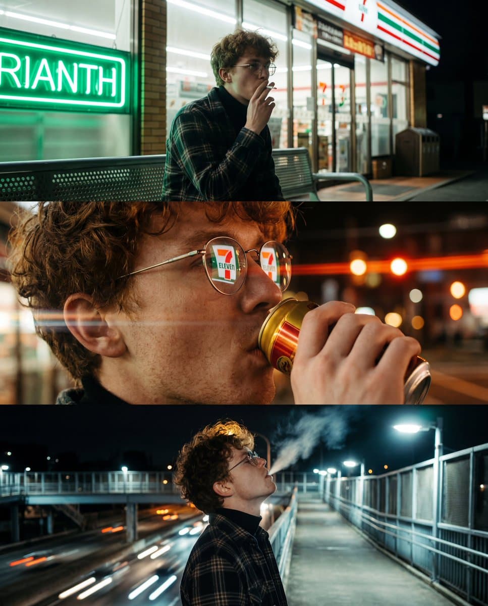 A vertical triptych of three cinematic, night-time urban pho