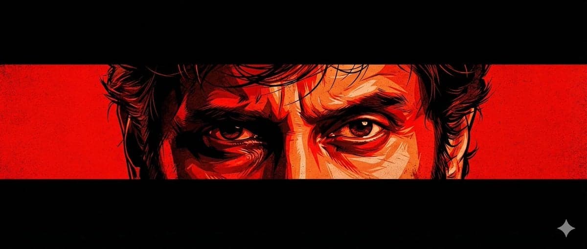 A cinematic poster-style artwork featuring an intense close-