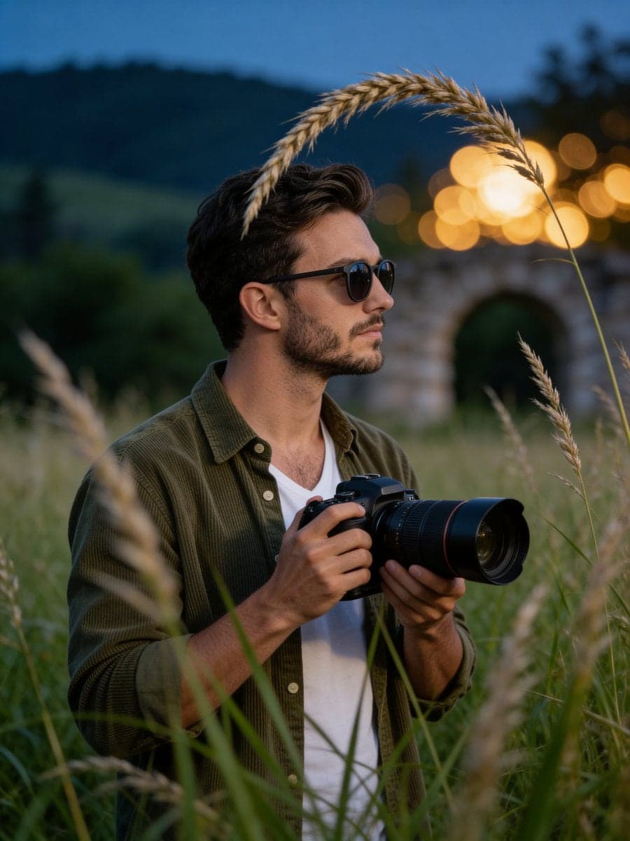 Cinematic medium shot of a young man with a trimmed beard an