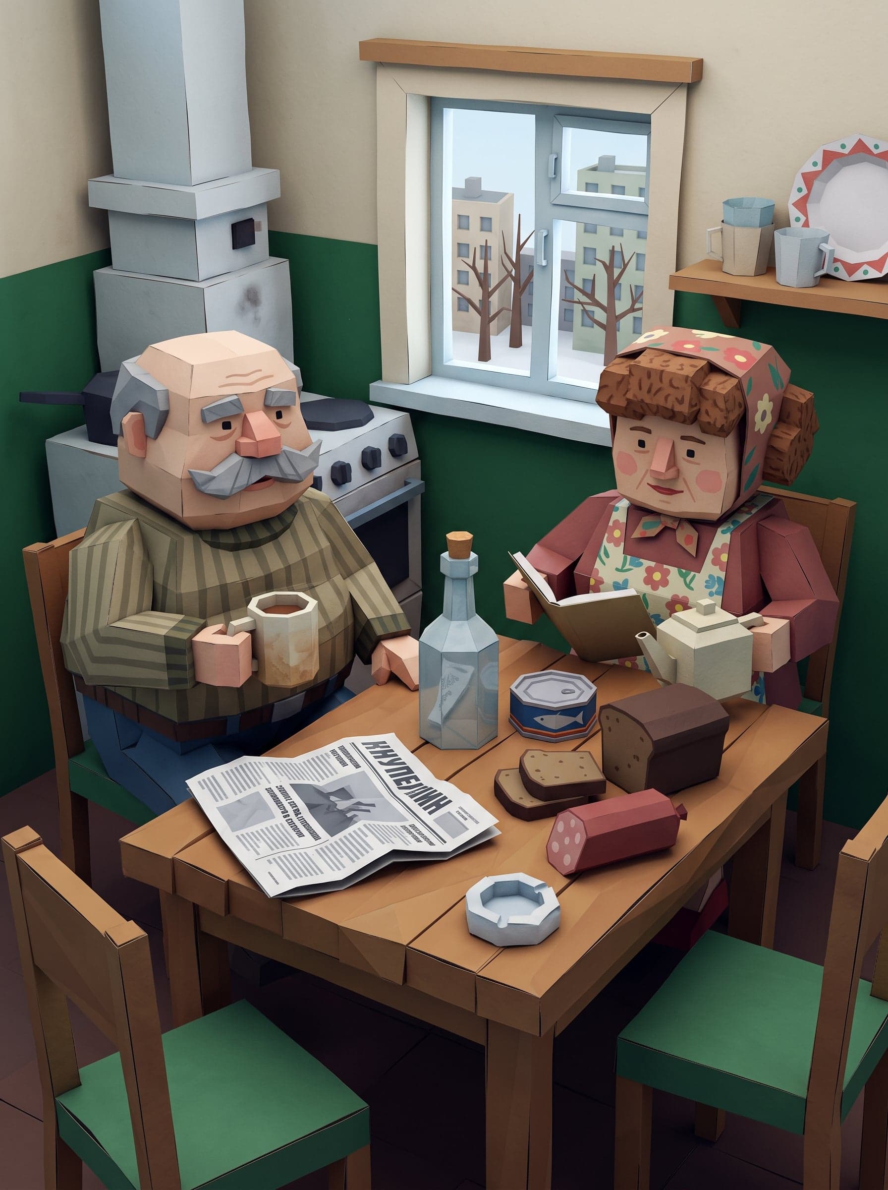 Ironic 3d poster [low poly cubic 3d absurd paper craft] in t