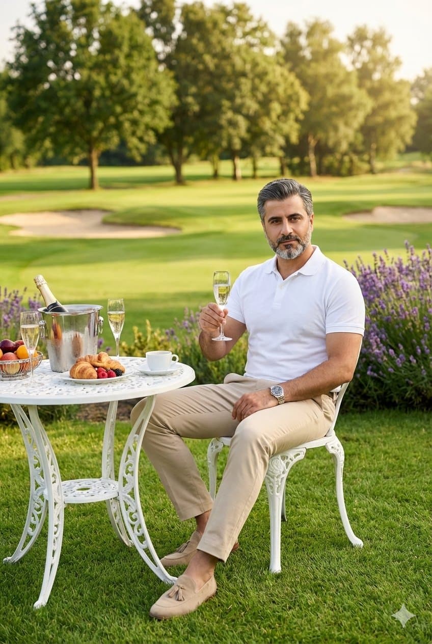 A luxurious outdoor breakfast scene on a pristine golf cours
