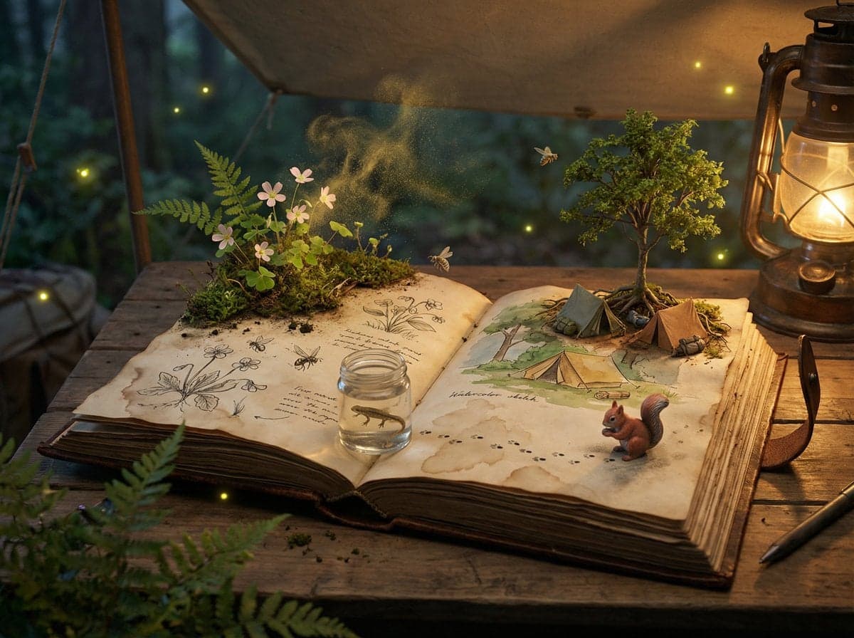 Epic 3D scene: a weathered field journal lies open on a natu