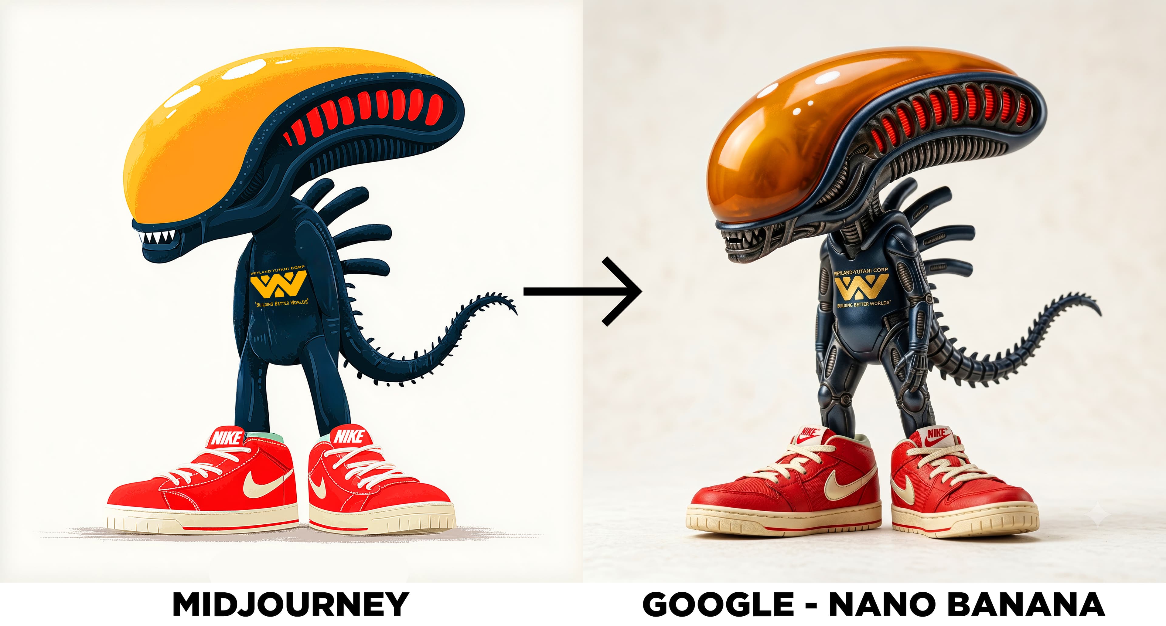 Xenomorph wearing Nike sneakers --ar 1:1 --raw --sref 124845