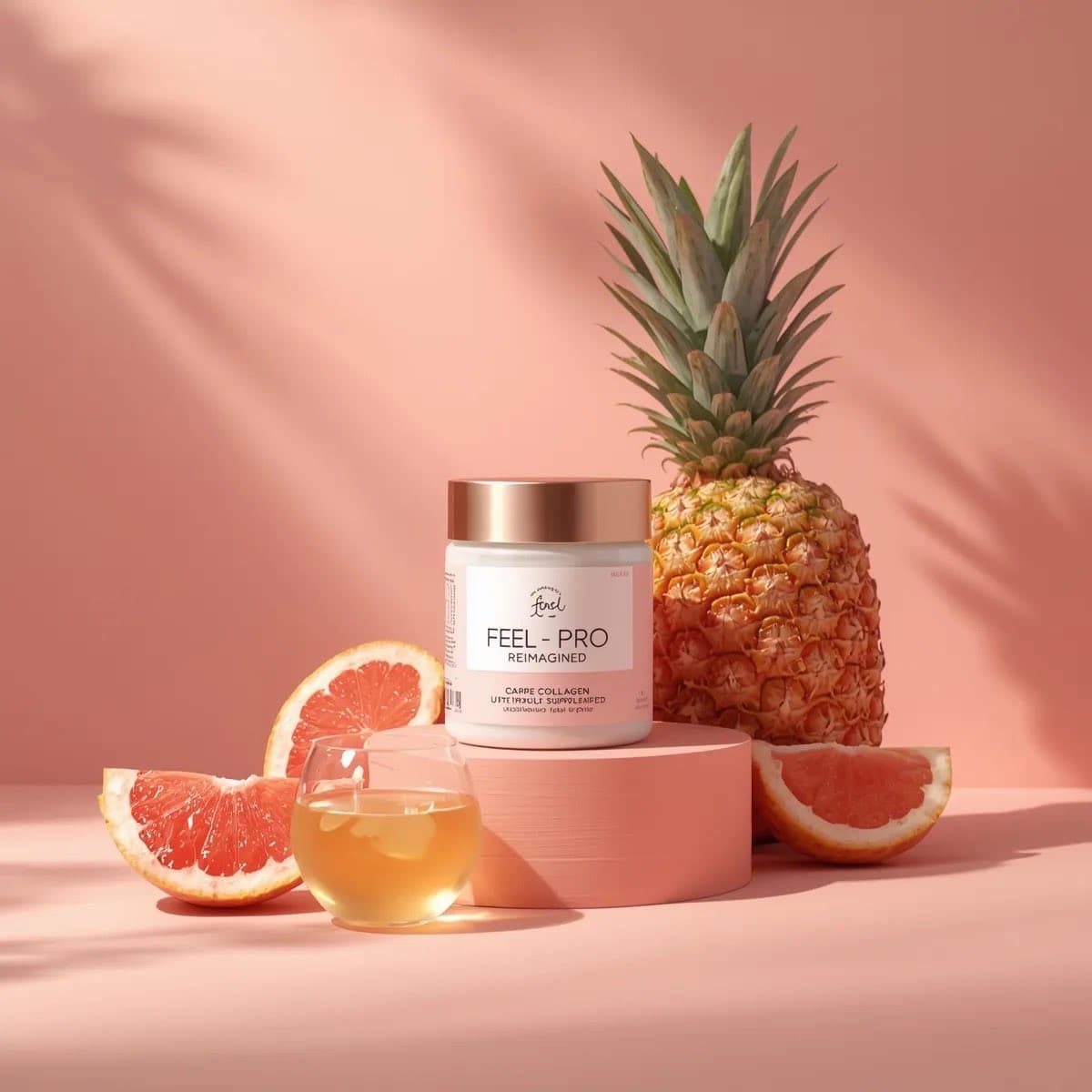 Minimalist luxury product photography of a collagen suppleme