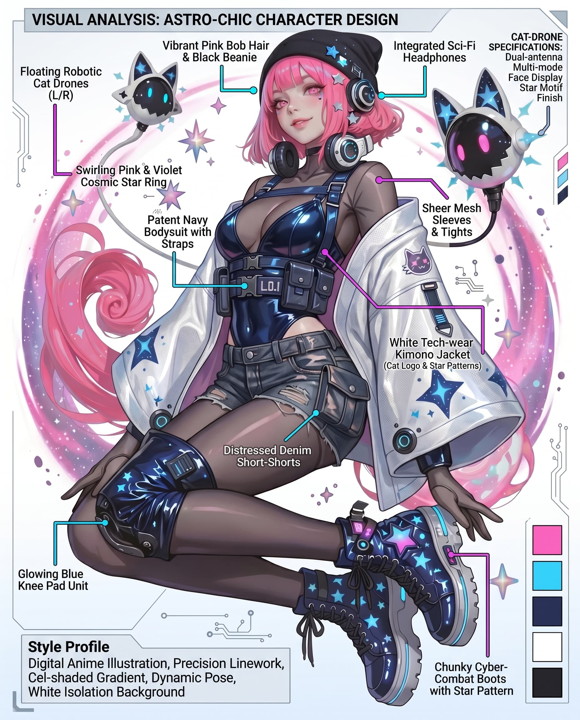 A stylish anime girl with short vibrant pink hair and a blac