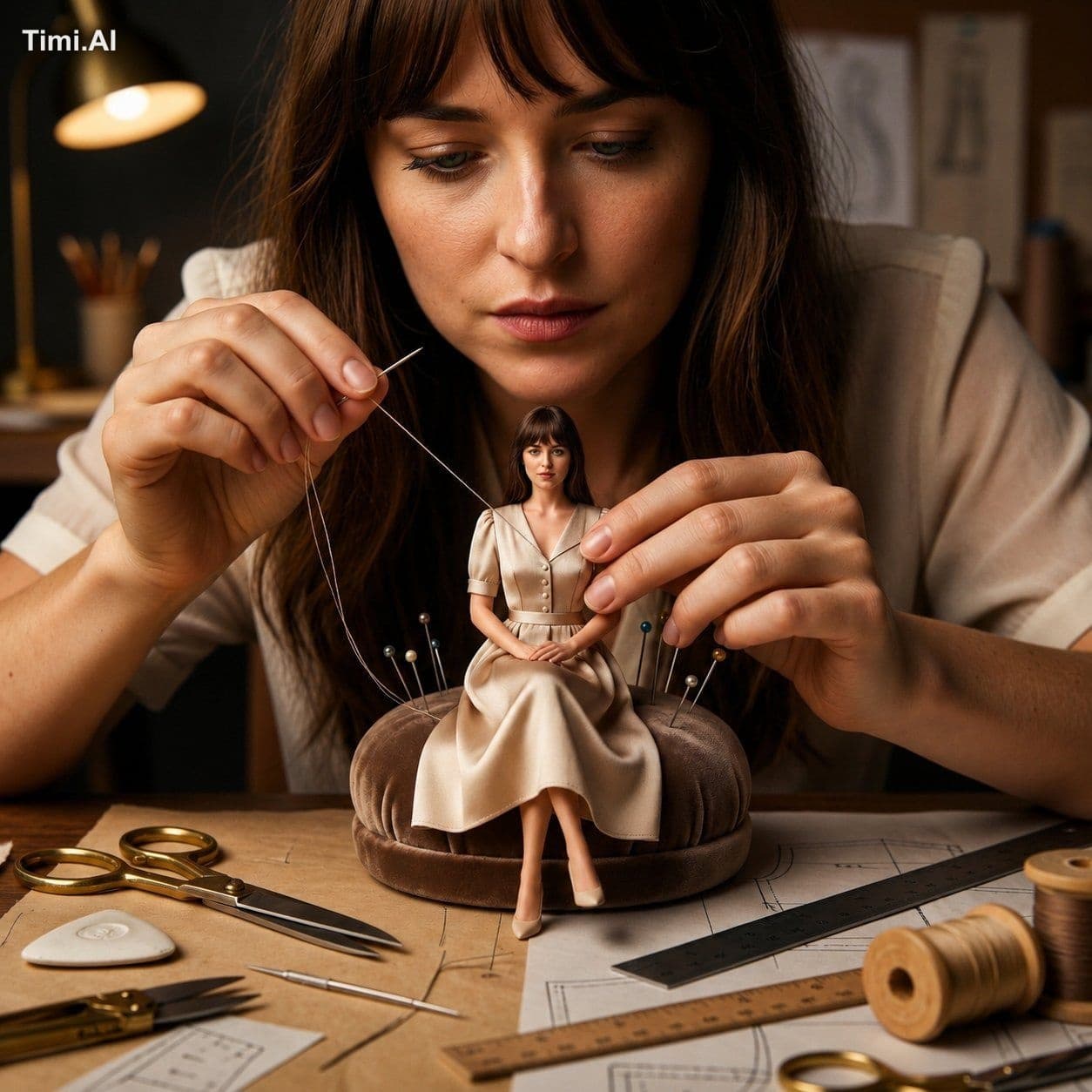 A cinematic macro fashion atelier where a skilled young seam