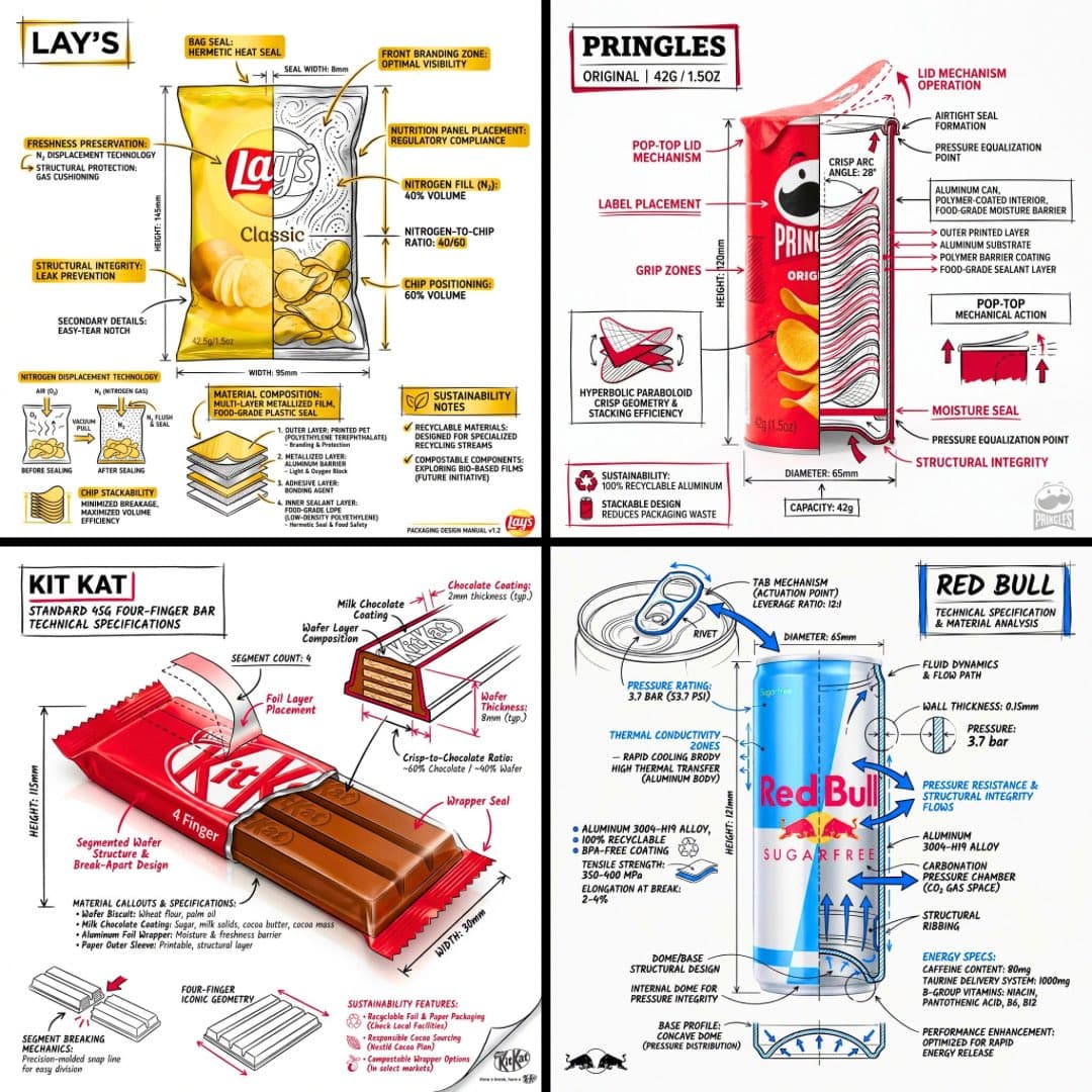 Create a branded technical infographic of a [SNACK], combini
