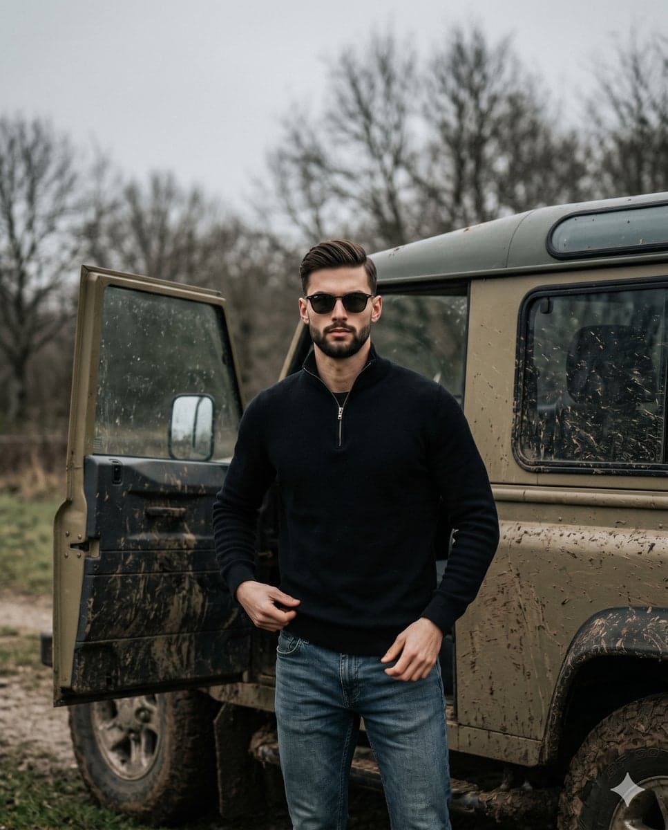 A serious, bearded man wearing sunglasses stands naturally f