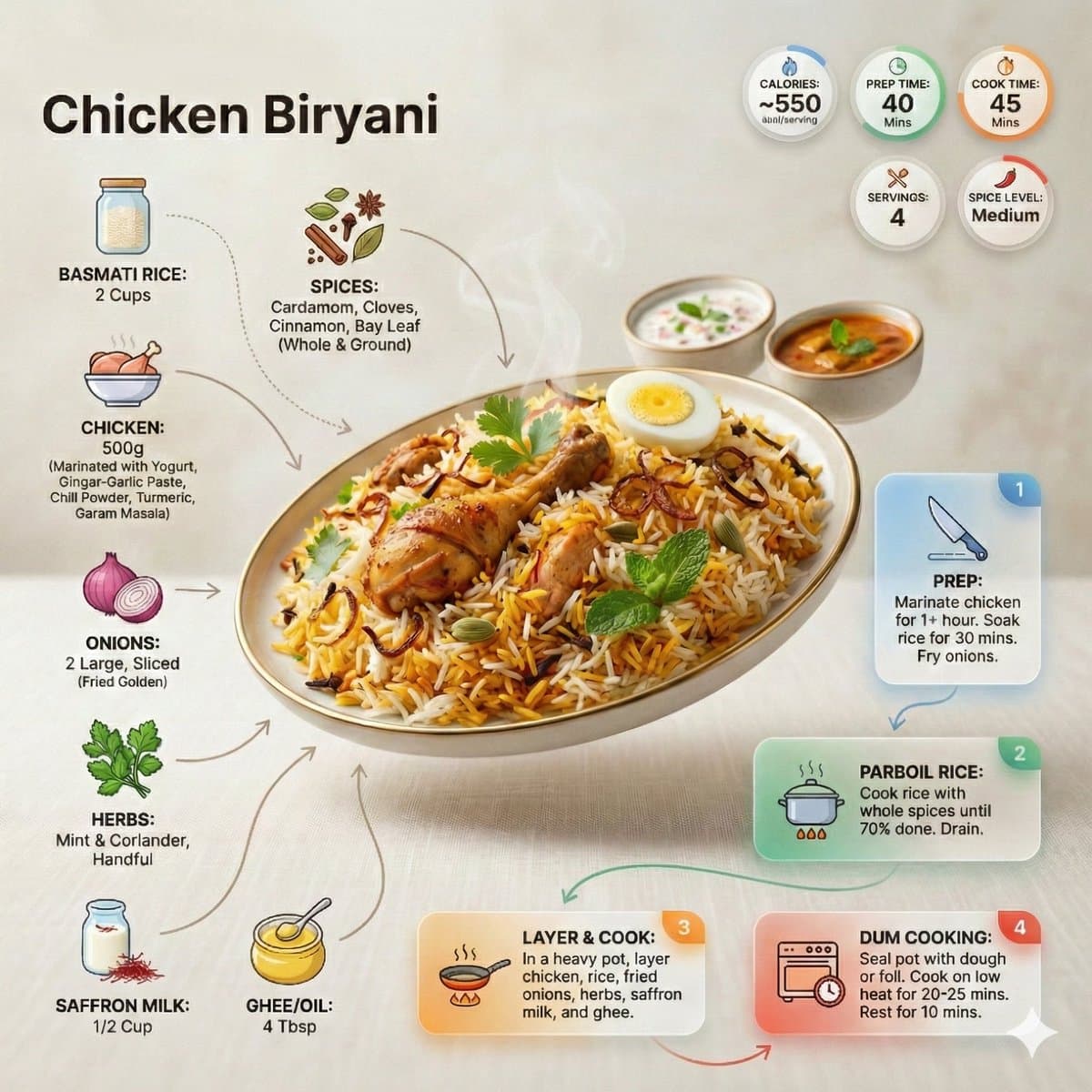 Ultra-clean modern recipe infographic. Showcase briyani in a
