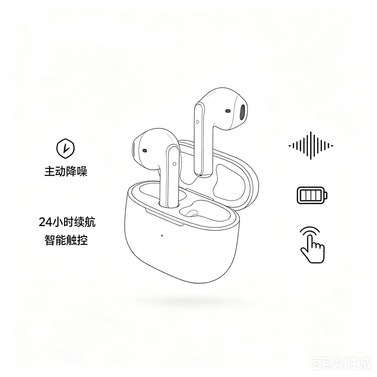 一款无线降噪耳机的电商主图，极简风格，白色背景，突出产品，加入卖点文案和图标，适合电商平台使用。